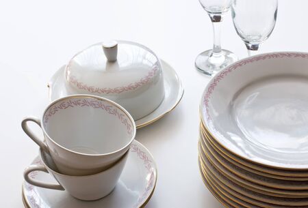 stack of cups and glasses on the tableの写真素材