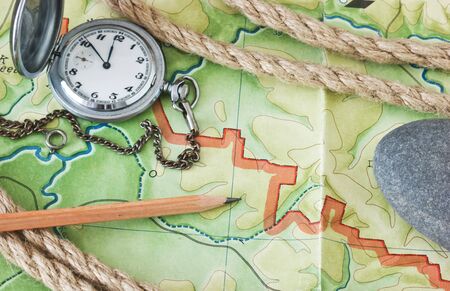 topographic maps and pocket watchesの写真素材