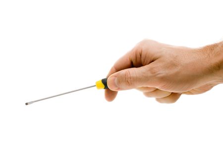 hand holds a screwdriver isolated on whiteの写真素材