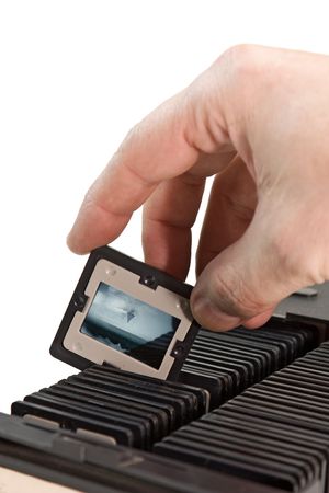 Archive slide film in box isolated on a white backgroundの写真素材