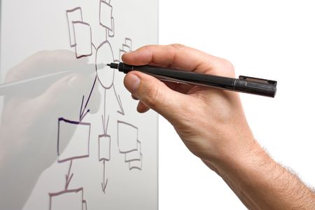 hand draws a block diagram on a transparent glassの写真素材