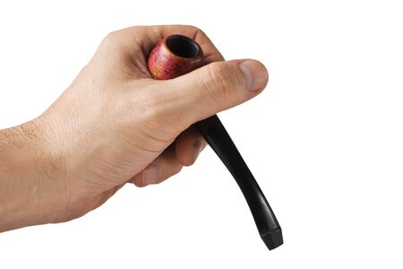 tobacco pipe  in hand isolated on white backgroundの写真素材