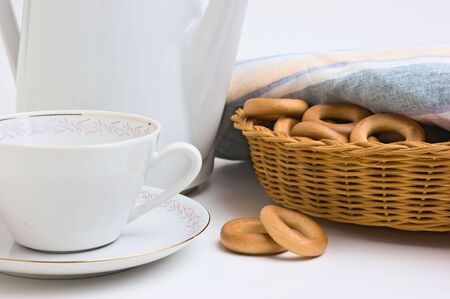 tea set and bagels on a plateの写真素材