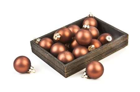 Christmas tree toys in the box  isolated on a white backgroundの写真素材