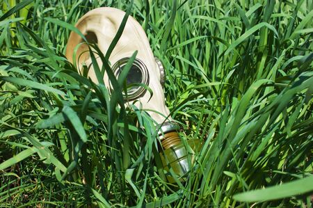 gas masks in the green grassの写真素材