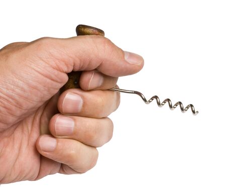 hand holds corkscrew  isolated on a white backgroundの写真素材