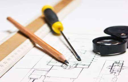 technical schemes with a pencil and rulerの写真素材
