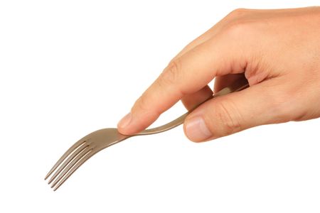 fork in hand  isolated on a white  backgroundの写真素材