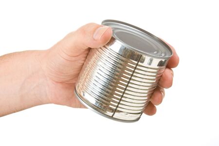 Food can in hand isolated on white backgroundの写真素材