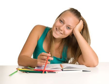 Teen girls smiling  isolated on whiteの写真素材