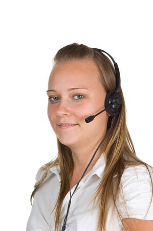 Young girl Operator call center  isolated on white の写真素材