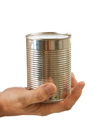 Food can in hand isolated on white background