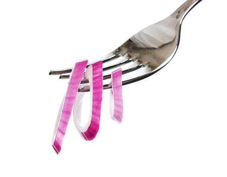 onions on a fork isolated on white backgroundの写真素材