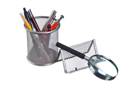basket with pencils and pens   isolated on white background