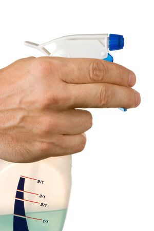 Hand with spray bottle isolated on a white  backgroundの写真素材