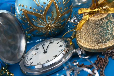 Christmas decoration and Pocket Watches on Christmas background の写真素材