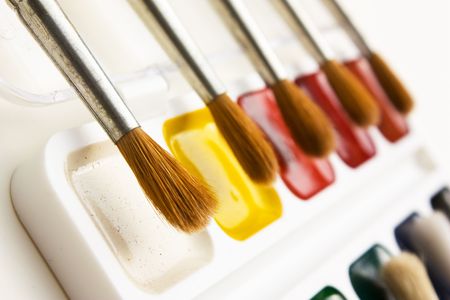 watercolor paints and  brushesの写真素材