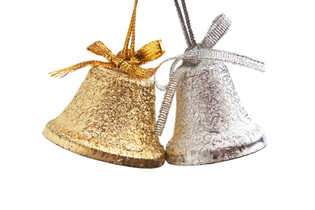Christmas gold and silver bells isolated on a white  background の写真素材