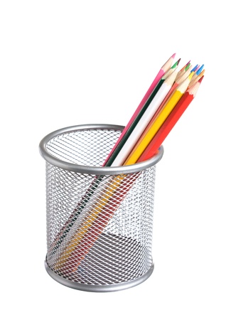 colored pencils in basket isolated on a white  backgroundの写真素材