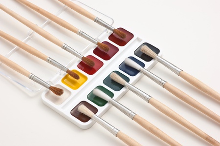 watercolor paints and  brushesの写真素材