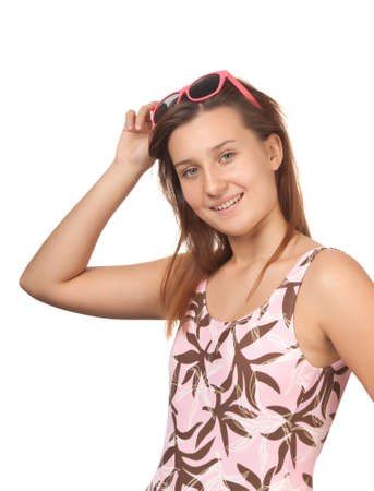 young girl in a swimsuit  isolated on whiteの写真素材