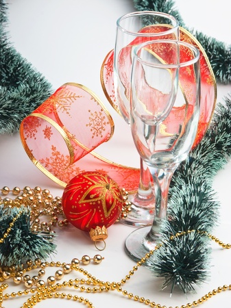 two glasses of wine and Christmas decorationの写真素材