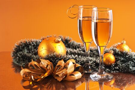two glasses of wine and Christmas decorationの写真素材