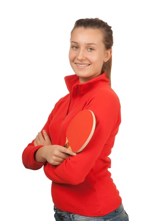 young girl with a racket ping-pong isolated on whiteの写真素材