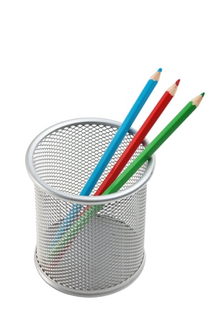 colored pencils in basket isolated on a white  backgroundの写真素材