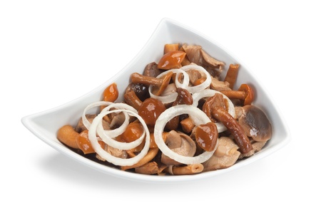 salad with marinated mushrooms and onions isolated on white backgroundの写真素材