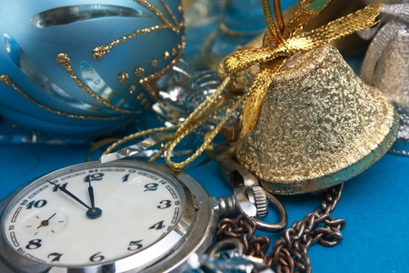 Christmas decoration and Pocket Watches on Christmas background の写真素材