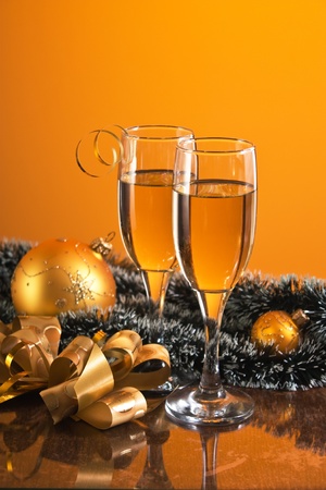 two glasses of wine and Christmas decorationの写真素材