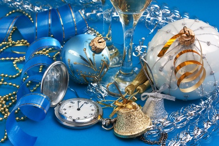 Christmas decoration and Pocket Watches on Christmas background の写真素材