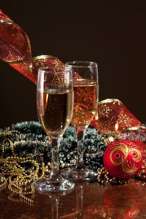 two glasses of wine and Christmas decorationの写真素材