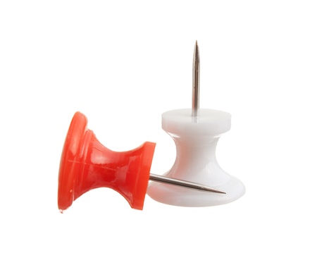 red and white pushpin  isolated on white backgroundの写真素材