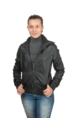 happy young girl in a black leather jacket  isolated on whiteの写真素材
