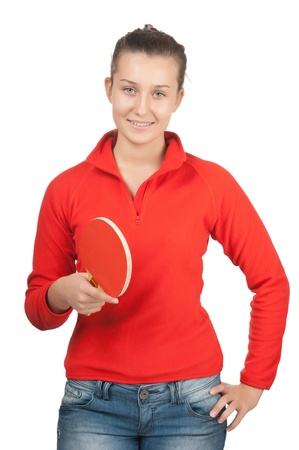 young girl with a racket ping-pong isolated on whiteの写真素材