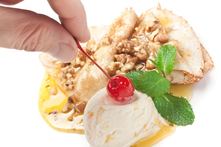 Ice cream with honey and walnutsの写真素材