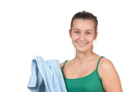 beautiful young girl with a towel  isolated on whiteの写真素材