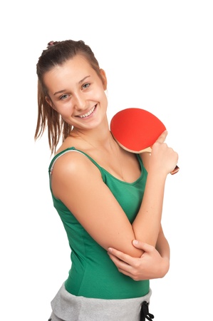 young girl plays  ping-pong isolated on whiteの写真素材
