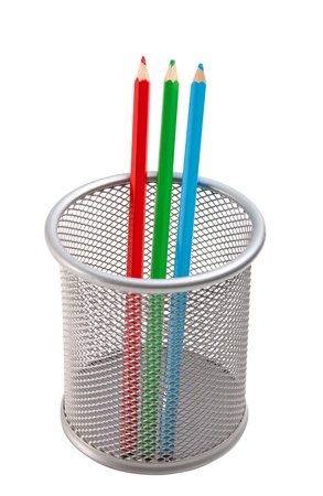 color pencils in basket isolated on a white  backgroundの写真素材