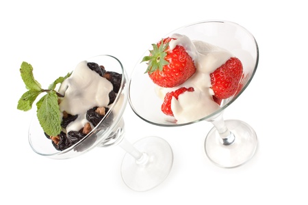 Ice cream with strawberries  isolated on whiteの写真素材