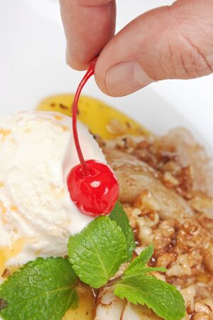 Ice cream with honey and walnutsの写真素材