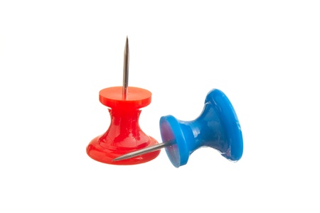 red and blue pushpin  isolated on white backgroundの写真素材