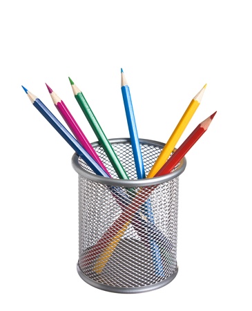 colored pencils in basket isolated on a white  backgroundの写真素材