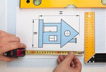 development drawings and tools on graph paperの写真素材