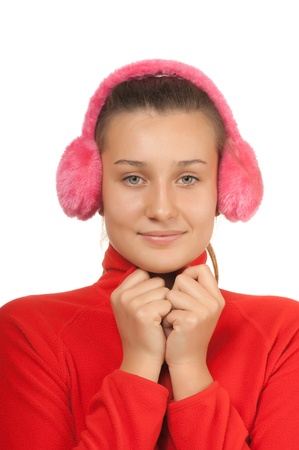 happy girl teen in pink headphones  isolated on whiteの写真素材