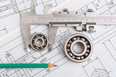 technical drawing and caliper with bearingの写真素材