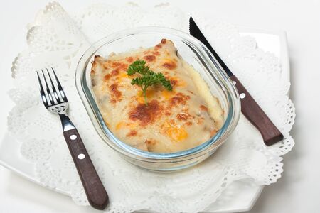 scrambled eggs on a glass plateの写真素材