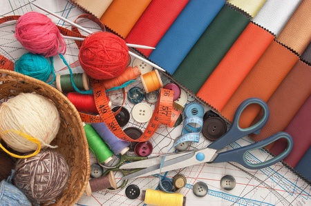 still life of spools of thread on a wooden backgroundの写真素材